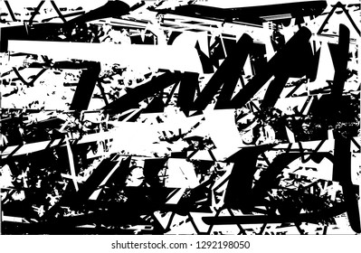 Distressed background in black and white texture with  dark spots, nets,scratches and lines. Abstract vector illustration