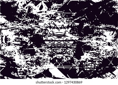 Distressed background in black and white texture with  dark spots, nets,scratches and lines. Abstract vector illustration