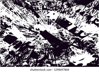 Distressed background in black and white texture with  dark spots, nets,scratches and lines. Abstract vector illustration