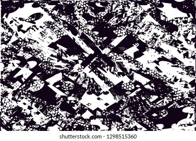 Distressed background in black and white texture with  dark spots, nets,scratches and lines. Abstract vector illustration