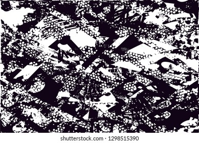 Distressed background in black and white texture with  dark spots, nets,scratches and lines. Abstract vector illustration