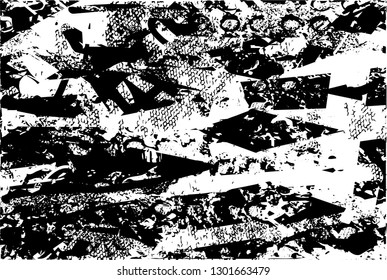 Distressed background in black and white texture with  dark spots, nets,scratches and lines. Abstract vector illustration