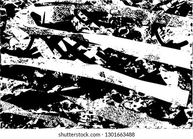 Distressed background in black and white texture with  dark spots, nets,scratches and lines. Abstract vector illustration