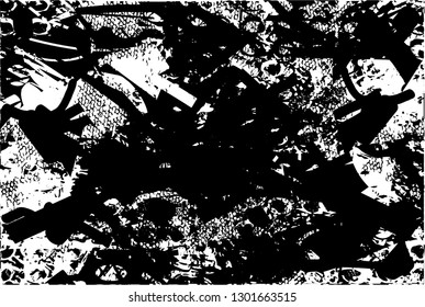Distressed background in black and white texture with  dark spots, nets,scratches and lines. Abstract vector illustration
