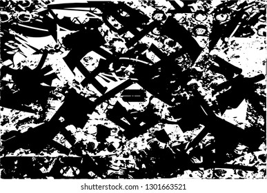 Distressed background in black and white texture with  dark spots, nets,scratches and lines. Abstract vector illustration