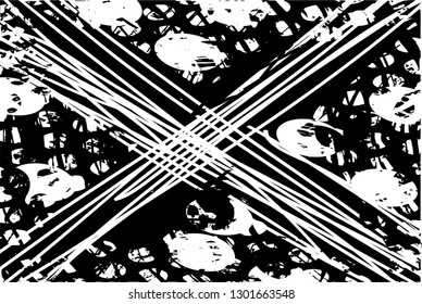 Distressed background in black and white texture with  dark spots, letter x, nets,scratches and lines. Abstract vector illustration