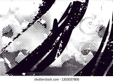 Distressed background in black and white texture with dots, spots, scratches and lines. Abstract vector illustration
