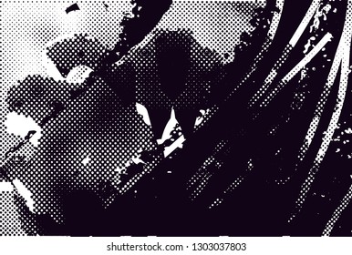 Distressed background in black and white texture with dots, spots, scratches and lines. Abstract vector illustration