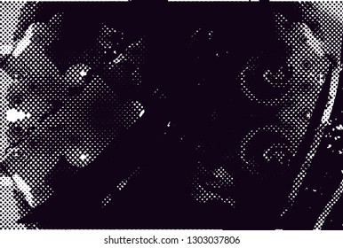 Distressed background in black and white texture with dots, spots, scratches and lines. Abstract vector illustration