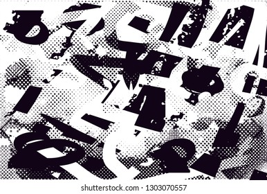 Distressed background in black and white texture with dots, spots, scratches and lines. Abstract vector illustration