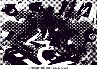 Distressed background in black and white texture with dots, spots, scratches and lines. Abstract vector illustration