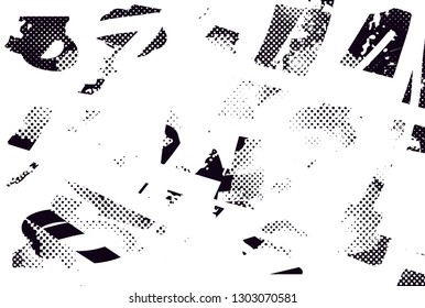 Distressed background in black and white texture with dots, spots, scratches and lines. Abstract vector illustration