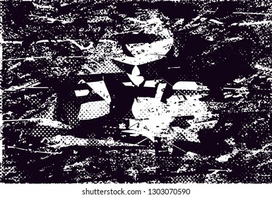 Distressed background in black and white texture with dots, spots, scratches and lines. Abstract vector illustration