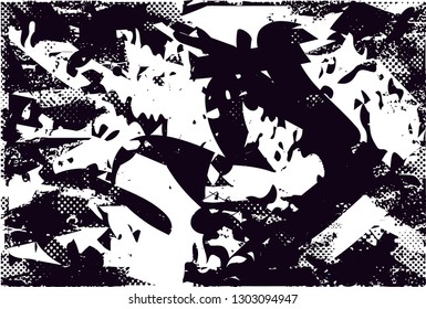 Distressed background in black and white texture with dots, spots, scratches and lines. Abstract vector illustration