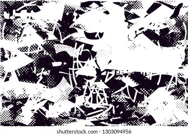 Distressed background in black and white texture with dots, spots, scratches and lines. Abstract vector illustration