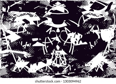 Distressed background in black and white texture with dots, spots, scratches and lines. Abstract vector illustration