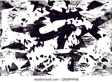 Distressed background in black and white texture with dots, spots, scratches and lines. Abstract vector illustration