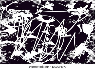 Distressed background in black and white texture with dots, spots, scratches and lines. Abstract vector illustration