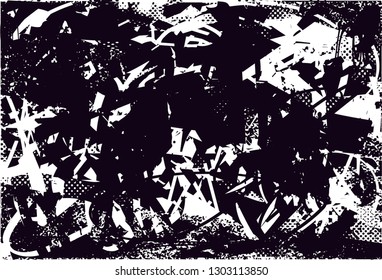 Distressed background in black and white texture with dots, spots, scratches and lines. Abstract vector illustration