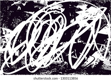 Distressed background in black and white texture with dots, spots, scratches and lines. Abstract vector illustration