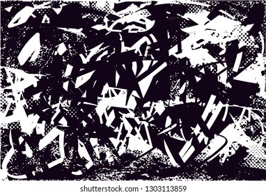 Distressed background in black and white texture with dots, spots, scratches and lines. Abstract vector illustration