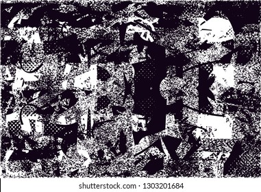 Distressed background in black and white texture with dots, spots, scratches and lines. Abstract vector illustration