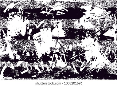 Distressed background in black and white texture with dots, spots, scratches and lines. Abstract vector illustration