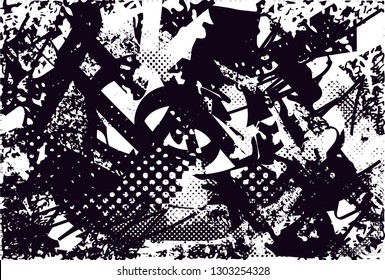 Distressed background in black and white texture with dots, spots, scratches and lines. Abstract vector illustration