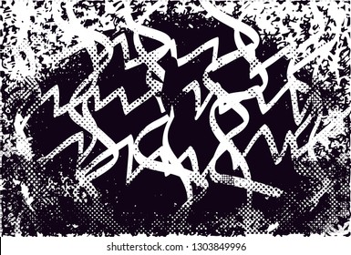 Distressed background in black and white texture with dots, spots, scratches and lines. Abstract vector illustration