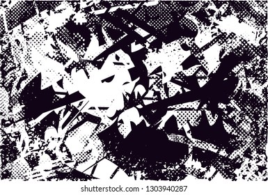 Distressed background in black and white texture with  dark spots, scratches and lines. Abstract vector illustration