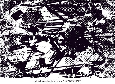 Distressed background in black and white texture with  dark spots, scratches and lines. Abstract vector illustration