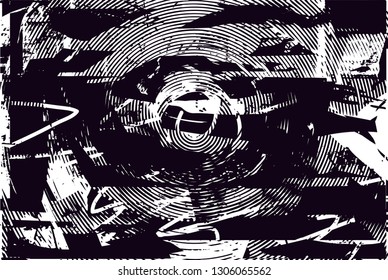 Distressed background in black and white texture with dots, spots, scratches and lines. Abstract vector illustration
