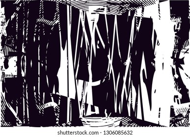Distressed background in black and white texture with dots, spots, scratches and lines. Abstract vector illustration