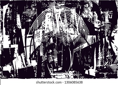 Distressed background in black and white texture with dots, spots, scratches and lines. Abstract vector illustration