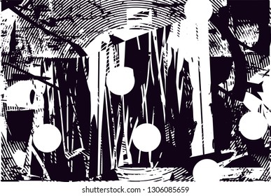 Distressed background in black and white texture with dots, spots, scratches and lines. Abstract vector illustration
