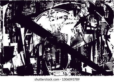 Distressed background in black and white texture with dots, spots, scratches and lines. Abstract vector illustration