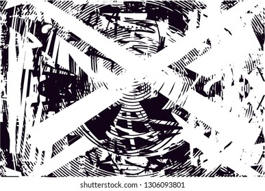 Distressed background in black and white texture with dots, spots, scratches and lines. Abstract vector illustration