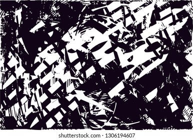 Distressed background in black and white texture with dots, spots, scratches and lines. Abstract vector illustration