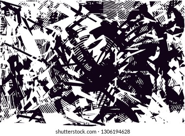Distressed background in black and white texture with dots, spots, scratches and lines. Abstract vector illustration