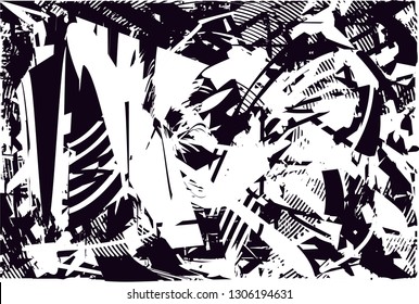 Distressed background in black and white texture with dots, spots, scratches and lines. Abstract vector illustration