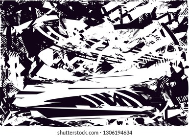 Distressed background in black and white texture with dots, spots, scratches and lines. Abstract vector illustration