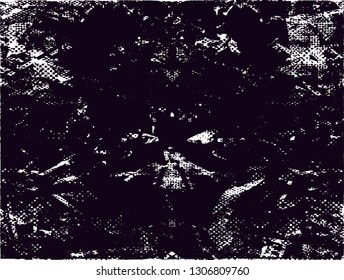 Distressed background in black and white texture with dots, spots, scratches and lines. Abstract vector illustration