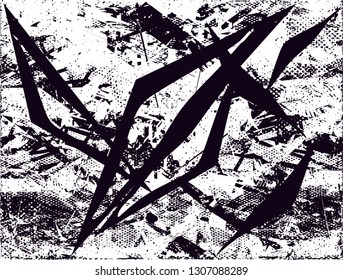 Distressed background in black and white texture with dots, spots, scratches and lines. Abstract vector illustration