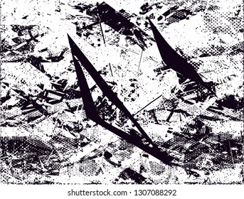 Distressed background in black and white texture with dots, spots, scratches and lines. Abstract vector illustration