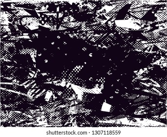 Distressed background in black and white texture with dots, spots, scratches and lines. Abstract vector illustration