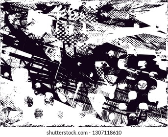 Distressed background in black and white texture with dots, spots, scratches and lines. Abstract vector illustration