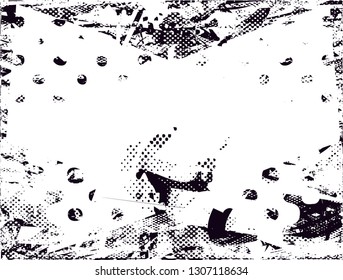 Distressed background in black and white texture with dots, spots, scratches and lines. Abstract vector illustration