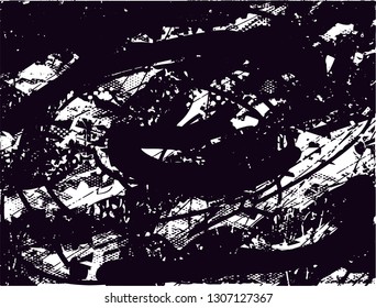 Distressed background in black and white texture with dots, spots, scratches and lines. Abstract vector illustration