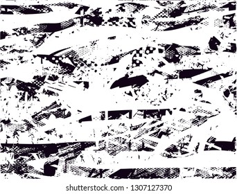 Distressed background in black and white texture with dots, spots, scratches and lines. Abstract vector illustration