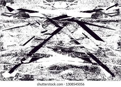 Distressed background in black and white texture with  dark spots, scratches and lines. Abstract vector illustration